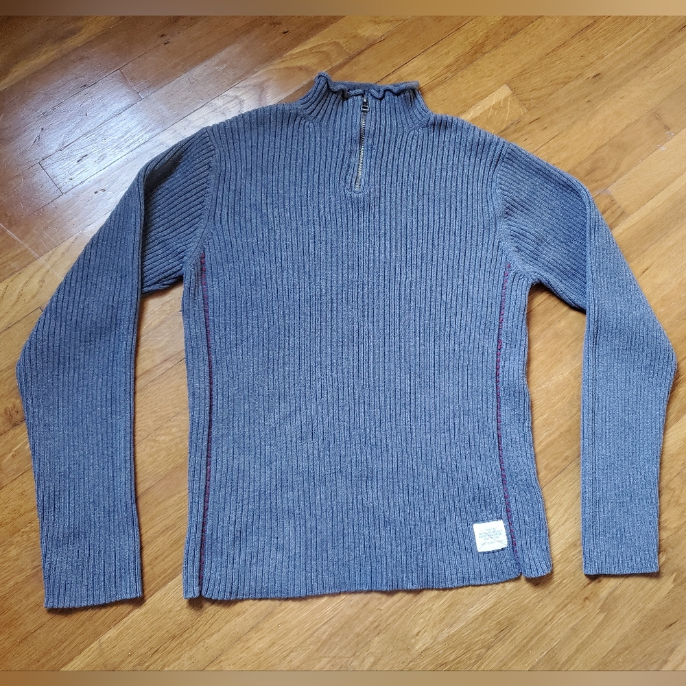 GUESS 100% cotton ribbed chunky knit gray 3/4 high neck zipper pullover sweater